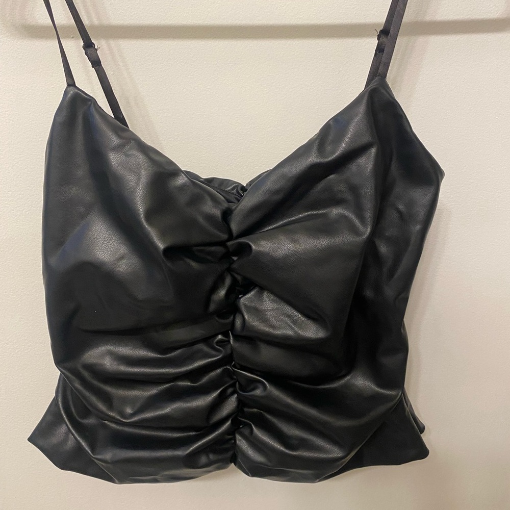 Black Ruched Leather Top